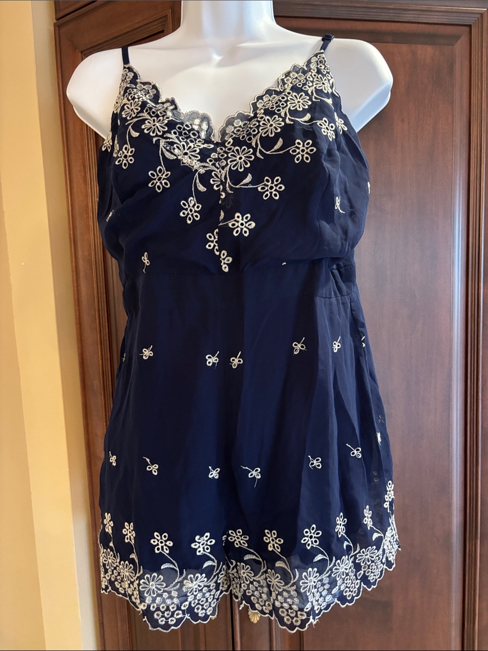 Embroidered Navy Women's Romper with Cream Floral Trim